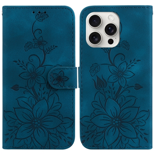 

For iPhone 16 Pro Lily Embossed Leather Phone Case(Dark Blue)