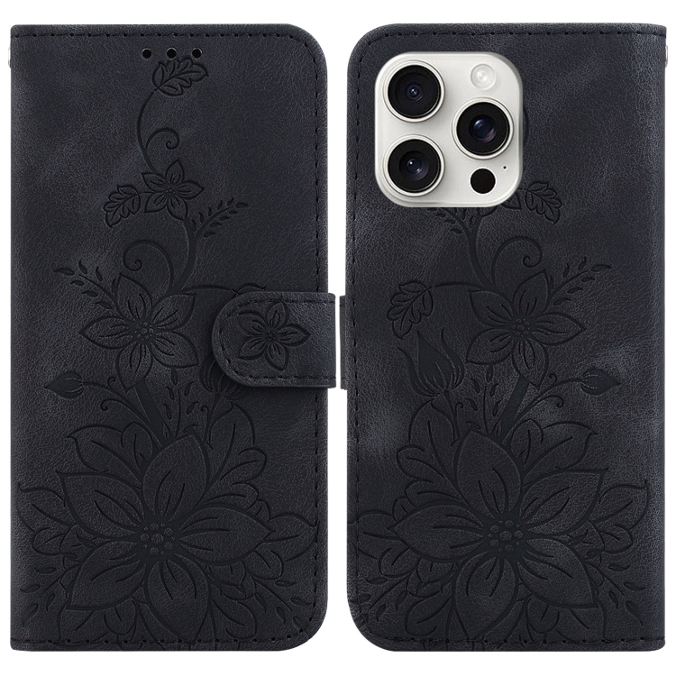 

For iPhone 16 Pro Lily Embossed Leather Phone Case(Black)
