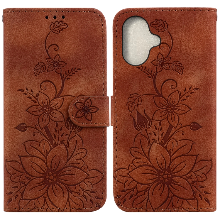 

For iPhone 16 Plus Lily Embossed Leather Phone Case(Brown)