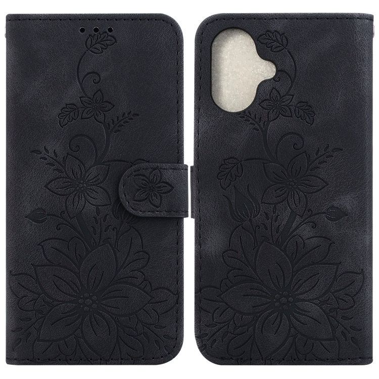 

For iPhone 16 Plus Lily Embossed Leather Phone Case(Black)
