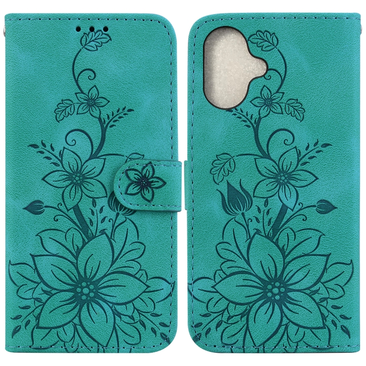 

For iPhone 16 Lily Embossed Leather Phone Case(Green)