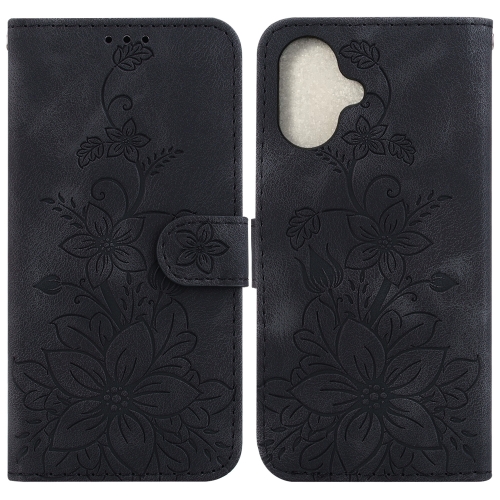 

For iPhone 16 Lily Embossed Leather Phone Case(Black)