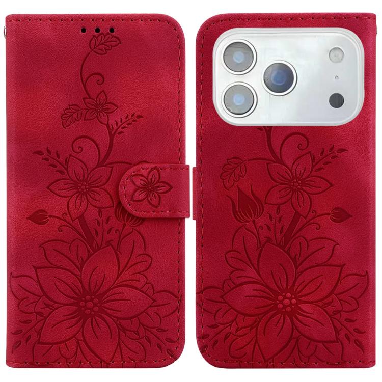 

For iPhone 17 Pro Lily Embossed Leather Phone Case(Red)