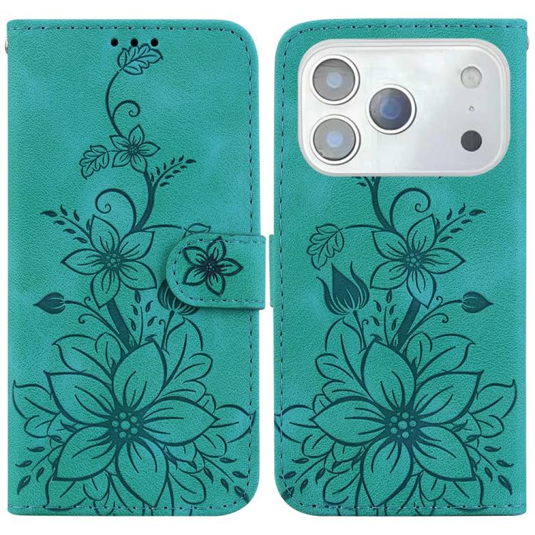 

For iPhone 17 Pro Max Lily Embossed Leather Phone Case(Green)