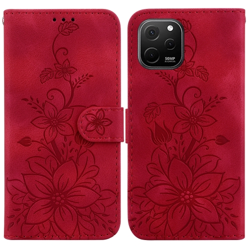 

For Huawei nova Y61 / Enjoy 50z Lily Embossed Leather Phone Case(Red)