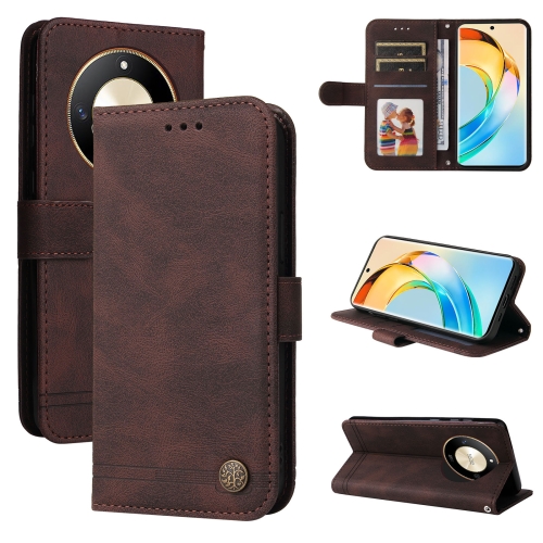 

For Honor X50 Skin Feel Life Tree Metal Button Leather Phone Case(Brown)