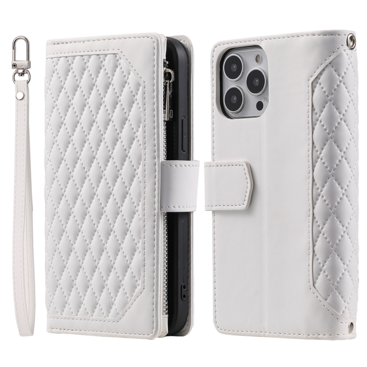 

For iPhone 15 Pro Max Grid Texture Zipper Leather Phone Case with Lanyard(White)