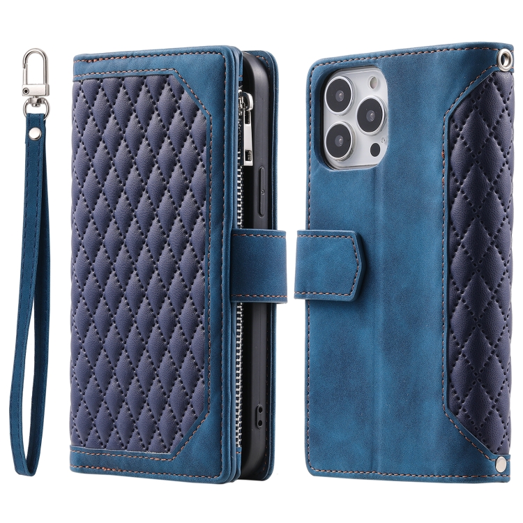 

For iPhone 15 Pro Grid Texture Zipper Leather Phone Case with Lanyard(Blue)