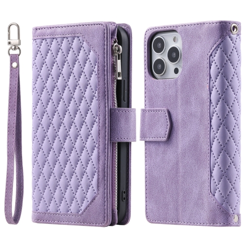 

For iPhone 15 Pro Grid Texture Zipper Leather Phone Case with Lanyard(Purple)