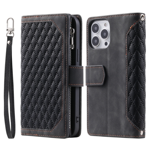 

For iPhone 15 Pro Grid Texture Zipper Leather Phone Case with Lanyard(Black)