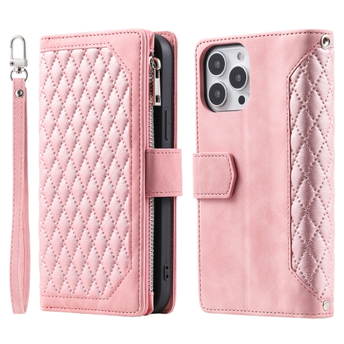 

For iPhone 15 Pro Grid Texture Zipper Leather Phone Case with Lanyard(Rose Gold)