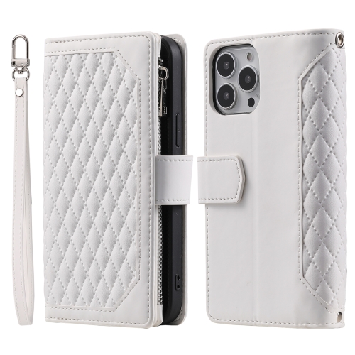 

For iPhone 15 Pro Grid Texture Zipper Leather Phone Case with Lanyard(White)