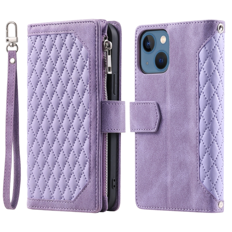 

For iPhone 15 Plus Grid Texture Zipper Leather Phone Case with Lanyard(Purple)