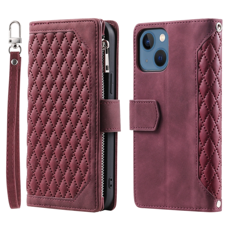 

For iPhone 15 Plus Grid Texture Zipper Leather Phone Case with Lanyard(Wine Red)