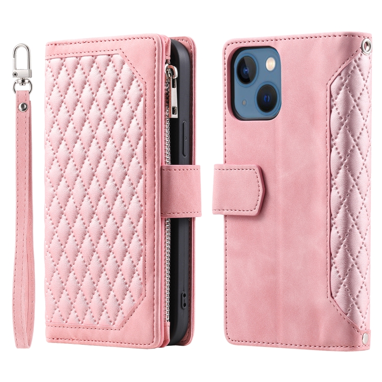 

For iPhone 15 Plus Grid Texture Zipper Leather Phone Case with Lanyard(Rose Gold)