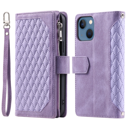 

For iPhone 15 Grid Texture Zipper Leather Phone Case with Lanyard(Purple)