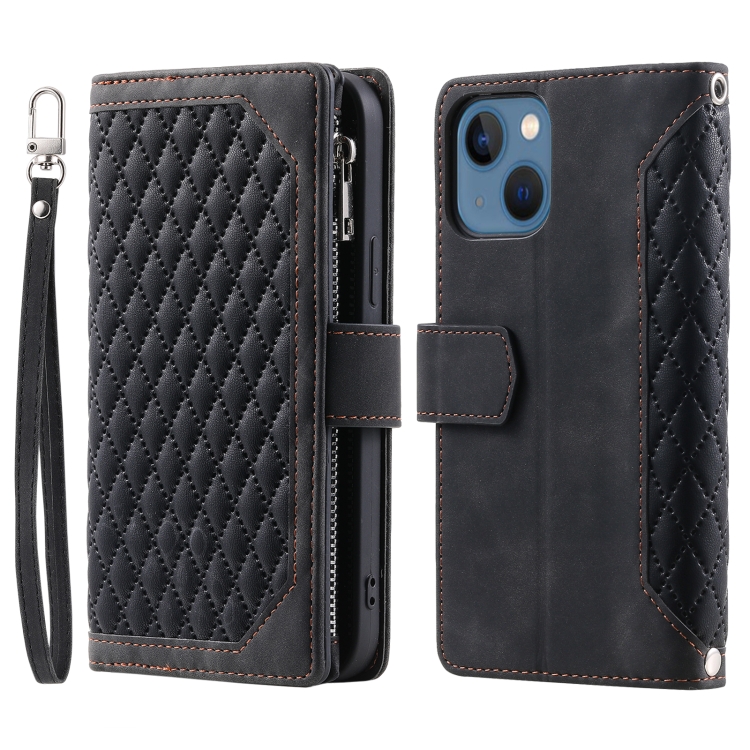 

For iPhone 15 Grid Texture Zipper Leather Phone Case with Lanyard(Black)