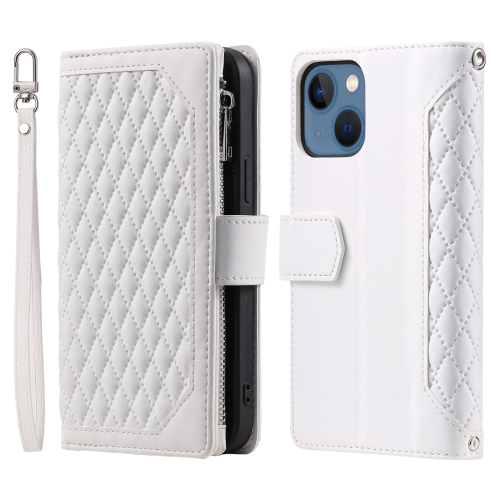 

For iPhone 15 Grid Texture Zipper Leather Phone Case with Lanyard(White)