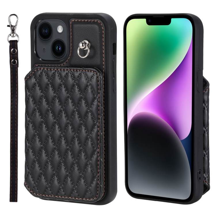 

For iPhone 15 Plus Grid Texture Card Bag Phone Case with Lanyard(Black)