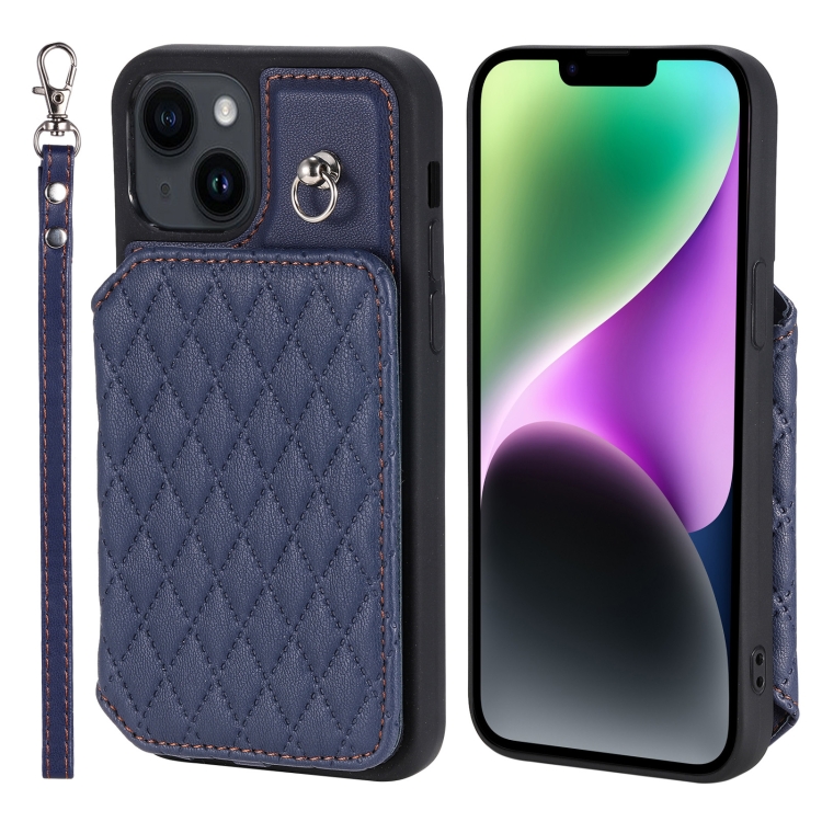 

For iPhone 15 Plus Grid Texture Card Bag Phone Case with Lanyard(Blue)