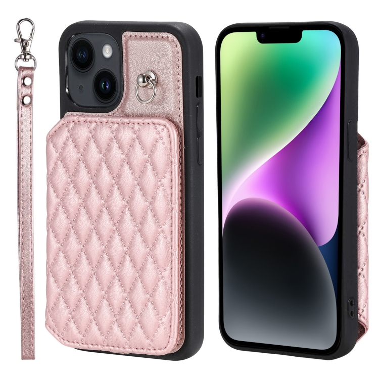 

For iPhone 15 Grid Texture Card Bag Phone Case with Lanyard(Rose Gold)