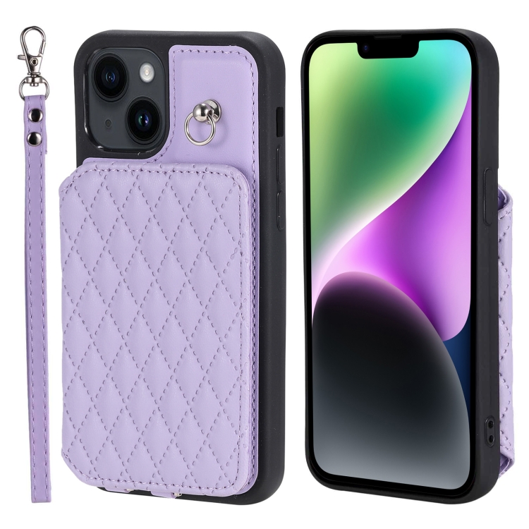 

For iPhone 15 Grid Texture Card Bag Phone Case with Lanyard(Purple)