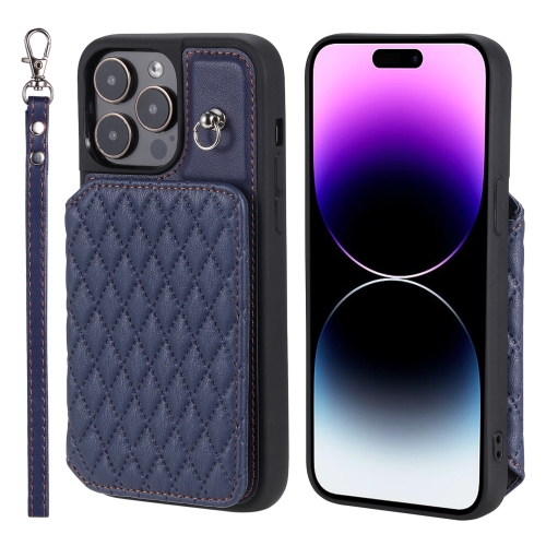 

For iPhone 14 Pro Max Grid Texture Card Bag Phone Case with Lanyard(Blue)
