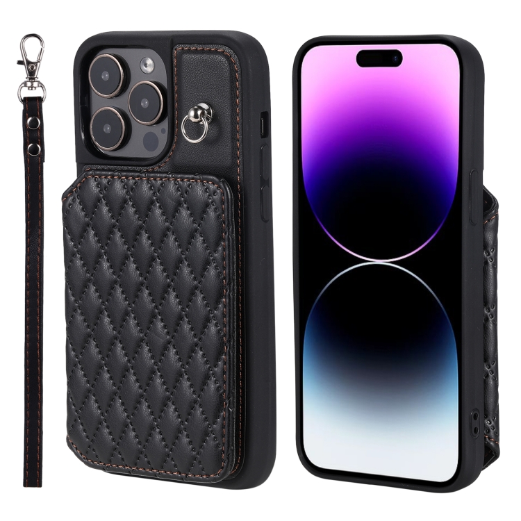 

For iPhone 14 Pro Grid Texture Card Bag Phone Case with Lanyard(Black)