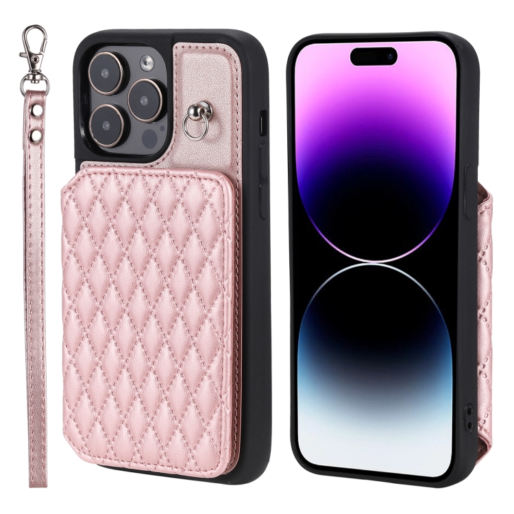 

For iPhone 14 Pro Grid Texture Card Bag Phone Case with Lanyard(Rose Gold)