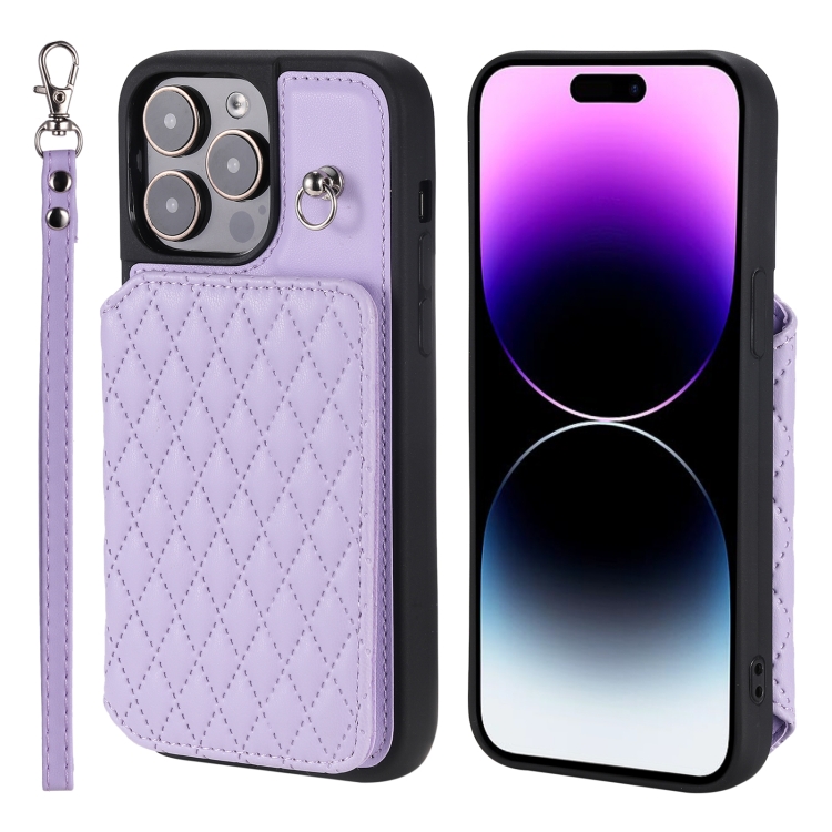 

For iPhone 14 Pro Grid Texture Card Bag Phone Case with Lanyard(Purple)