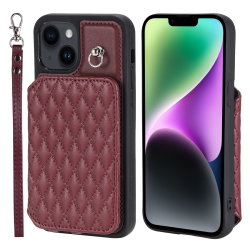 

For iPhone 14 Grid Texture Card Bag Phone Case with Lanyard(Red)