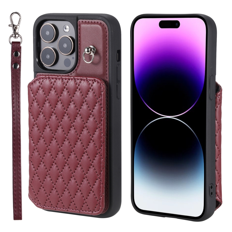 

For iPhone 13 Pro Grid Texture Card Bag Phone Case with Lanyard(Red)