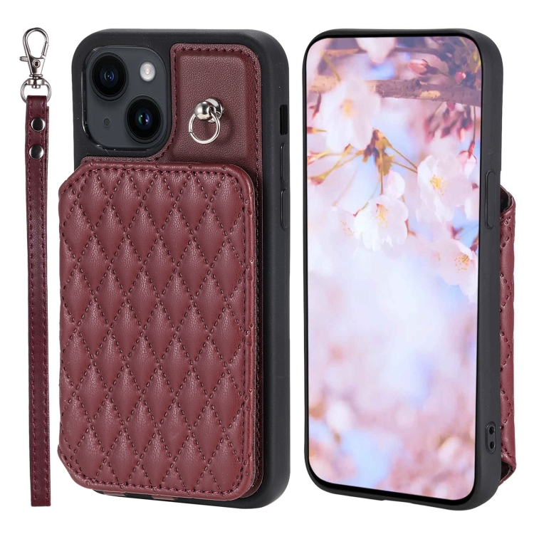 

For iPhone 13 Grid Texture Card Bag Phone Case with Lanyard(Red)
