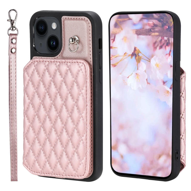 

For iPhone 13 Grid Texture Card Bag Phone Case with Lanyard(Rose Gold)