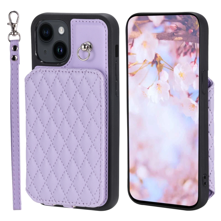 

For iPhone 13 Grid Texture Card Bag Phone Case with Lanyard(Purple)