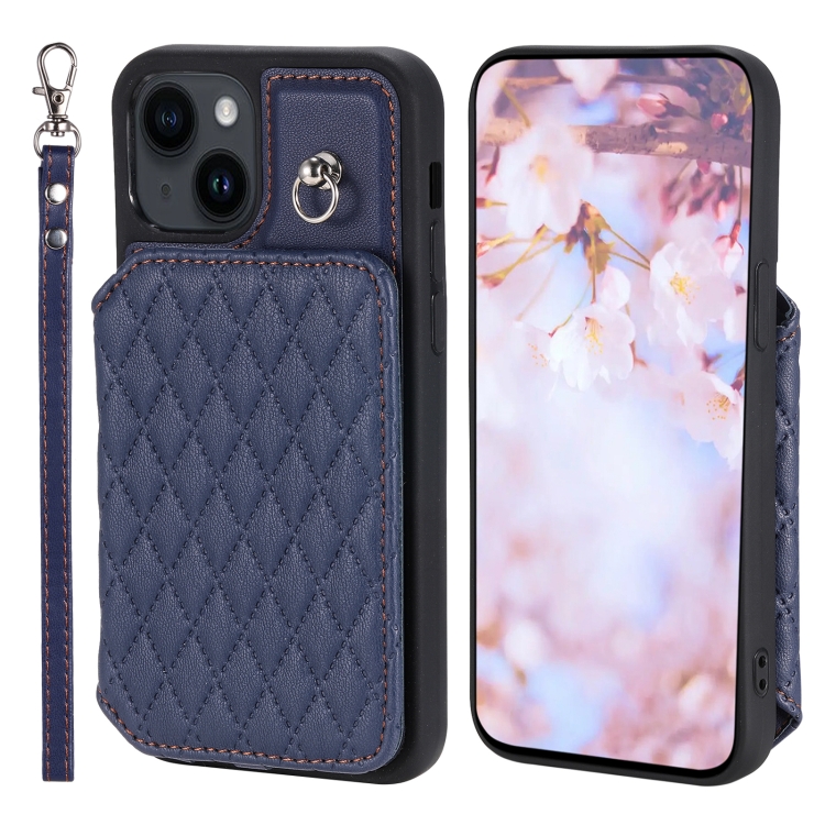 

For iPhone 13 Grid Texture Card Bag Phone Case with Lanyard(Blue)