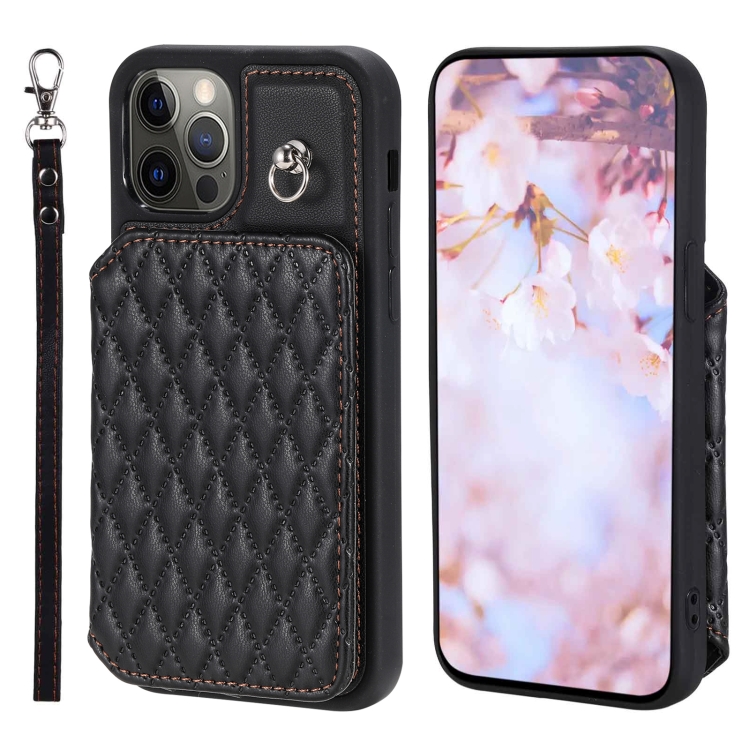 

For iPhone 12 Pro Max Grid Texture Card Bag Phone Case with Lanyard(Black)