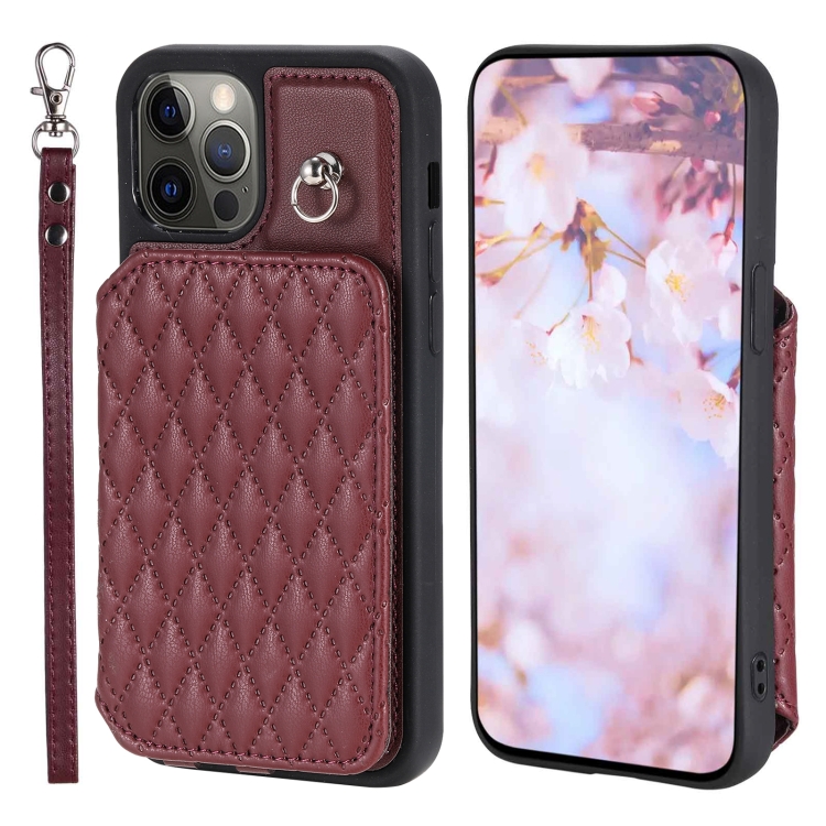 

For iPhone 12 Pro Max Grid Texture Card Bag Phone Case with Lanyard(Red)
