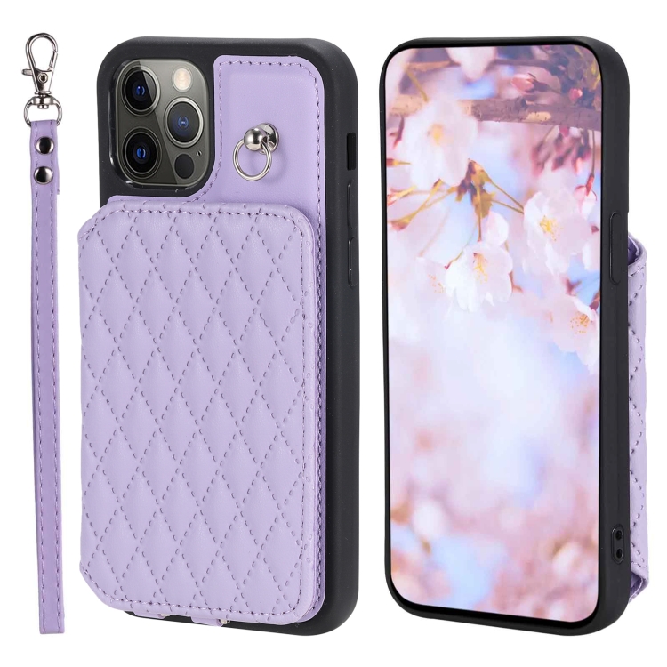 

For iPhone 12 Pro Max Grid Texture Card Bag Phone Case with Lanyard(Purple)
