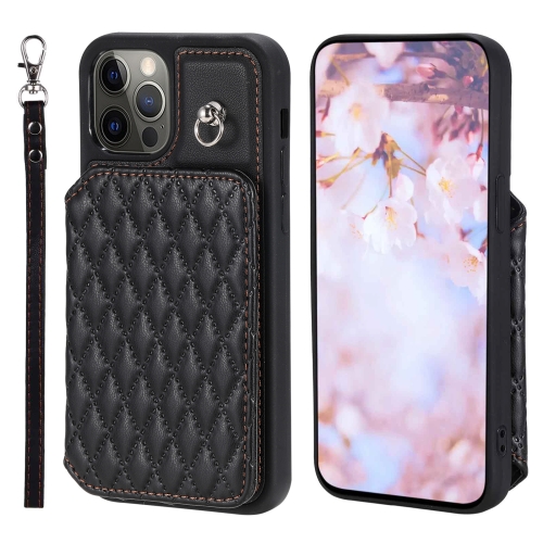 

For iPhone 12 / 12 Pro Grid Texture Card Bag Phone Case with Lanyard(Black)