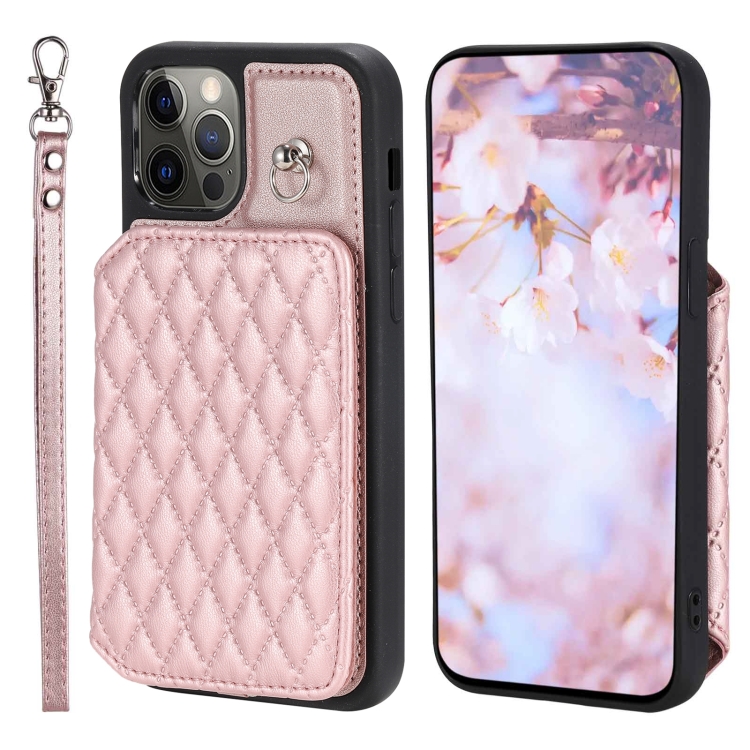

For iPhone 12 / 12 Pro Grid Texture Card Bag Phone Case with Lanyard(Rose Gold)