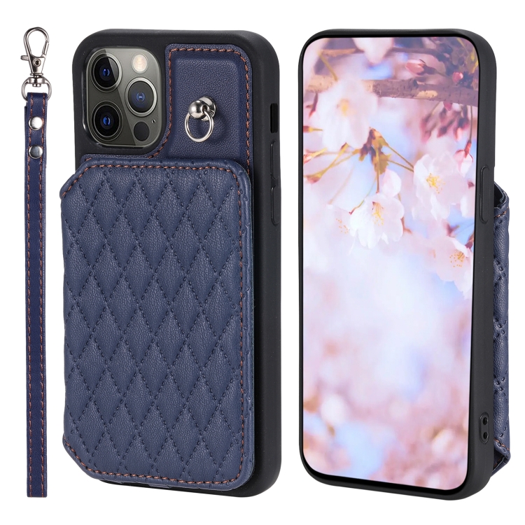 

For iPhone 12 / 12 Pro Grid Texture Card Bag Phone Case with Lanyard(Blue)