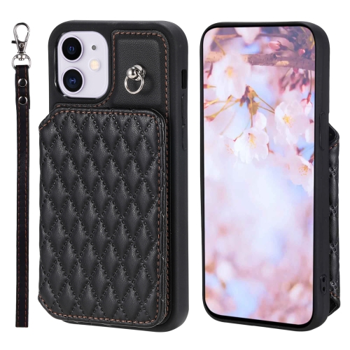 

For iPhone 11 Grid Texture Card Bag Phone Case with Lanyard(Black)