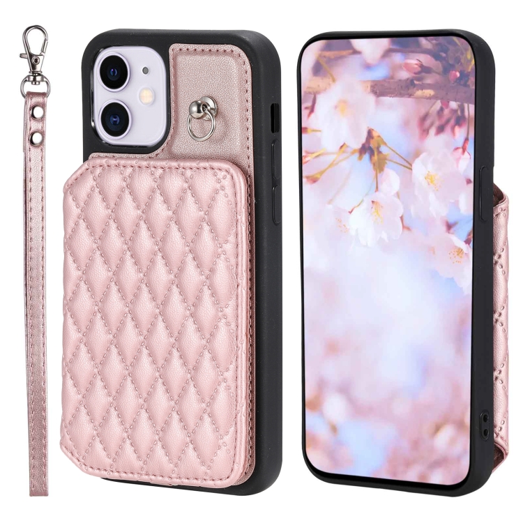 

For iPhone 11 Grid Texture Card Bag Phone Case with Lanyard(Rose Gold)