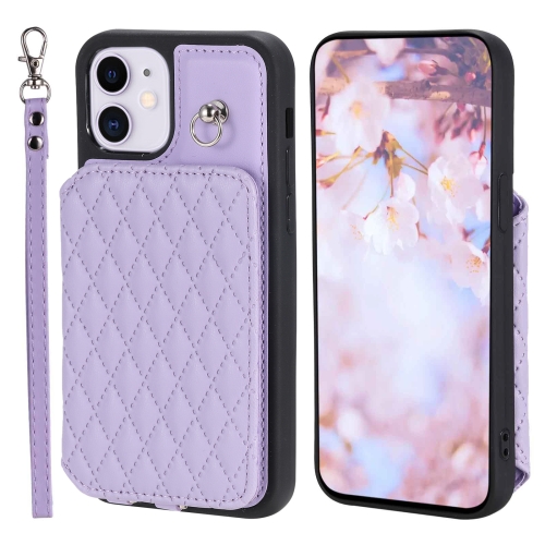 

For iPhone 11 Grid Texture Card Bag Phone Case with Lanyard(Purple)