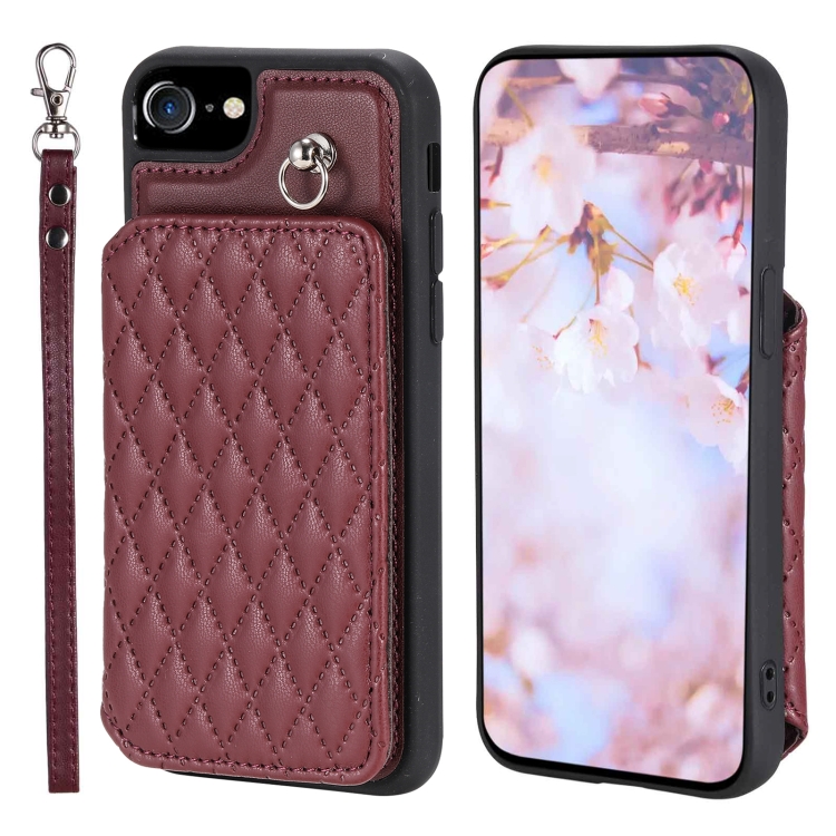 

For iPhone SE 2022 / 2020 / 8 / 7 Grid Texture Card Bag Phone Case with Lanyard(Red)