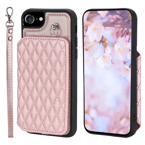 

For iPhone SE 2022 / 2020 / 8 / 7 Grid Texture Card Bag Phone Case with Lanyard(Rose Gold)