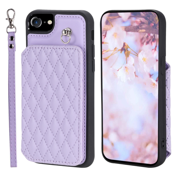 

For iPhone SE 2022 / 2020 / 8 / 7 Grid Texture Card Bag Phone Case with Lanyard(Purple)
