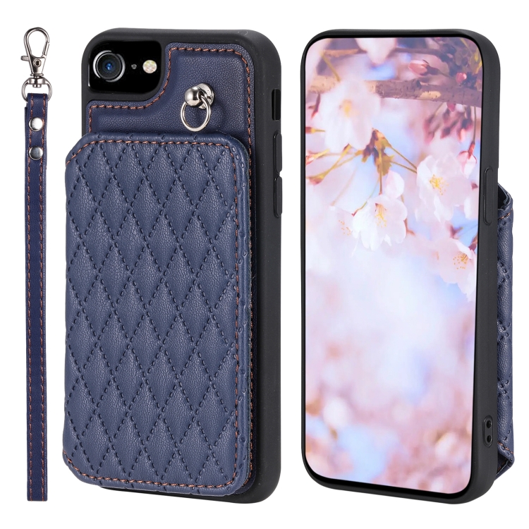 

For iPhone SE 2022 / 2020 / 8 / 7 Grid Texture Card Bag Phone Case with Lanyard(Blue)