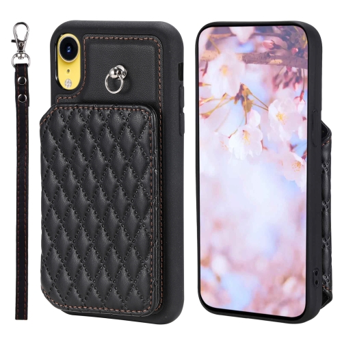 

For iPhone XR Grid Texture Card Bag Phone Case with Lanyard(Black)